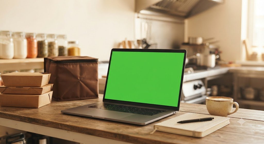 Laptop showing a meal delivery admin dashboard in a kitchen office