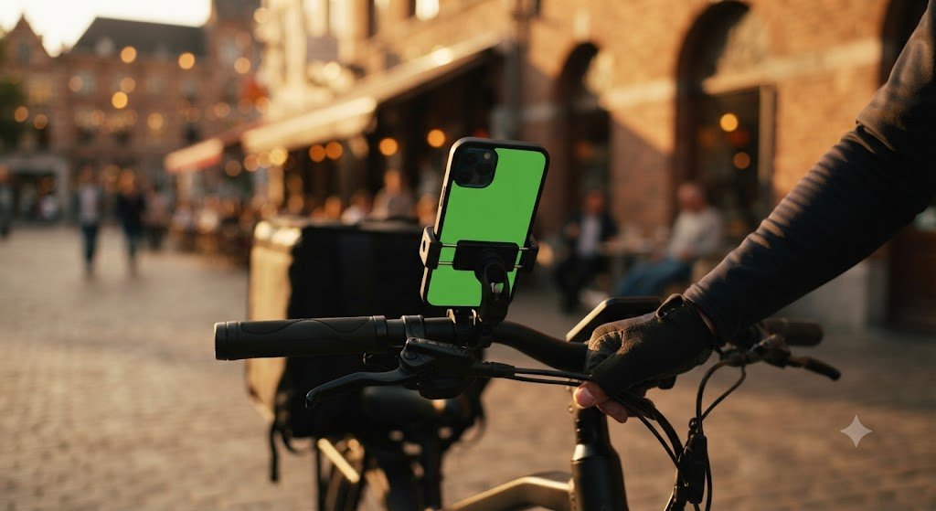 Delivery rider with a phone mounted on the handlebar showing a round of stops