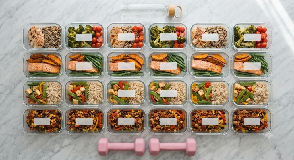 Glass meal-prep containers with balanced meals arranged on a marble counter