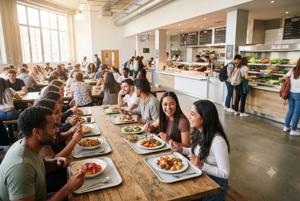 Students eating lunch at long tables in a bright university dining hall