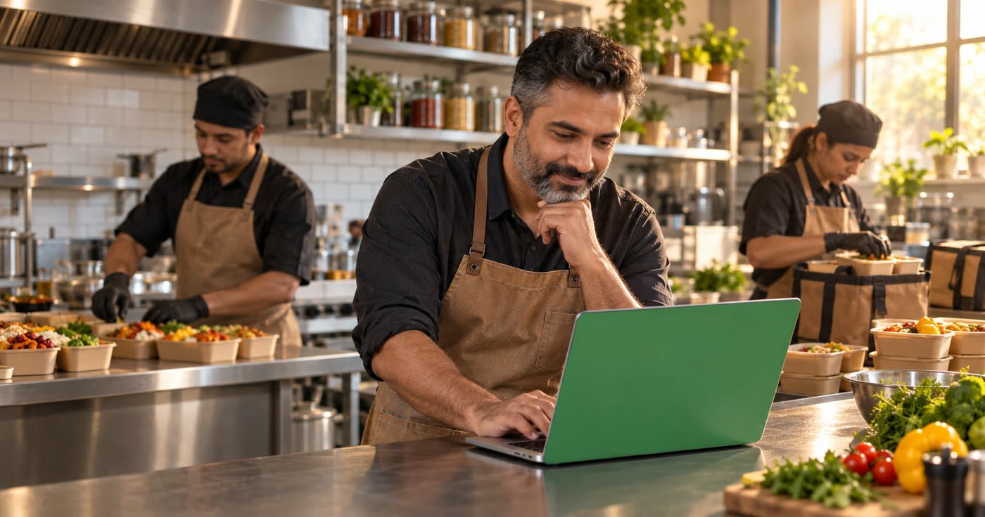 Meal delivery business owner checking the day's orders on a laptop while staff pack meals in the kitchen